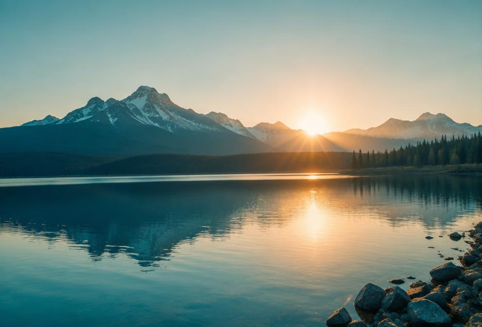 Sunrise over a calm mountain lake